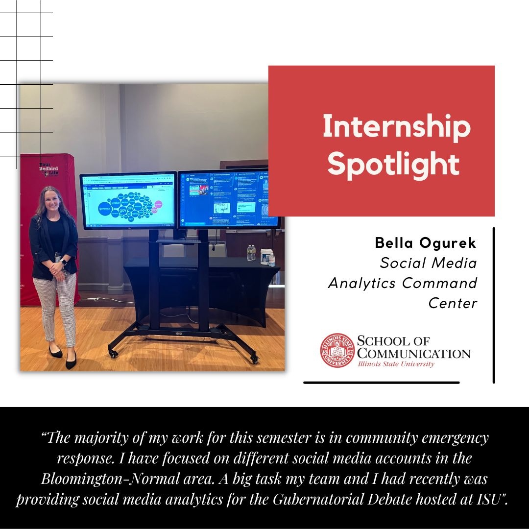 ISUSOC's tweet photo. Even though internships are not required, more than 75% of our #SchoolofCommunication students have at least one internship before they graduate - and more than 40% complete at least two!
Meet @bellaogurek, senior #ComStudies major and fall 2022 intern with the @ISUSOC_SMACC! https://t.co/68eQy0Sq3H