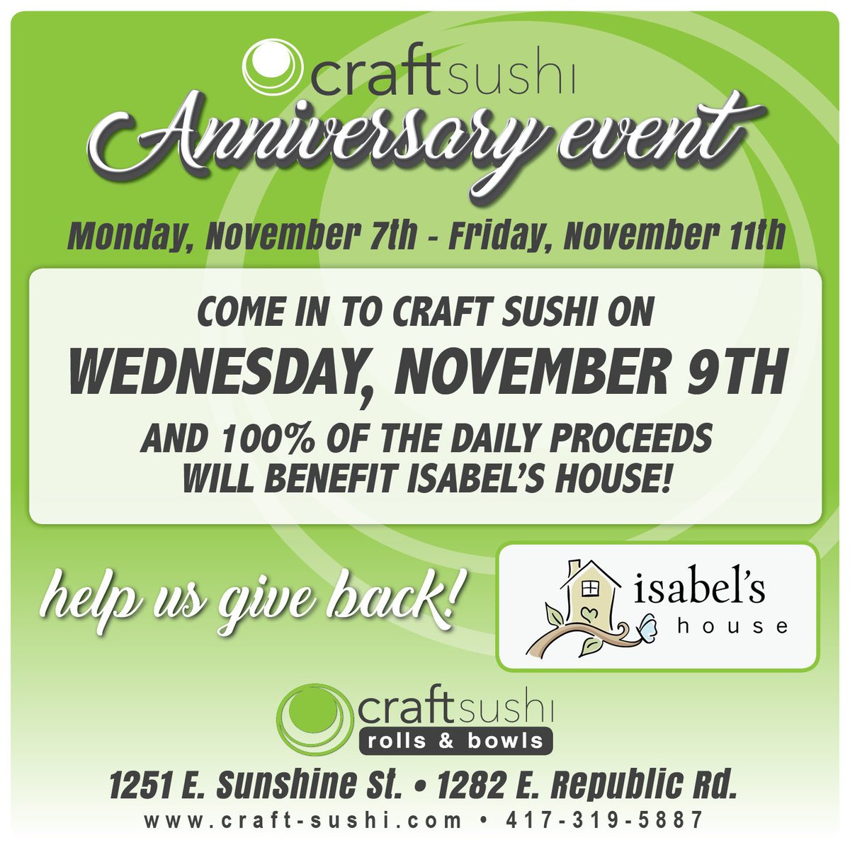 Craft Sushi is hosting their 4th Anniversary event next week. We are so honored to be a part of it along with many other amazing nonprofits. Thank you so much to Craft Sushi for doing amazing things in our community!