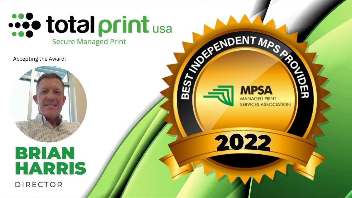 When you listen to your customers, this happens. So proud of our TPUSA team!

Thank you Managed Print Services Association (MPSA) for recognizing TotalPrint USA as the Best Independent Managed Print Services Provider. We are honored to receive this award.