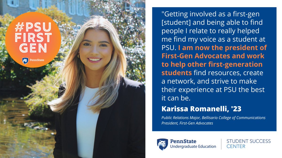 PSU_Success's tweet image. 25% of @penn_state's student body are first-generation, meaning they will be the first in their immediate families to achieve a college degree. That's why @FGA_PennState exists - to help students like Karissa Romanelli find their #PSUFirstGen community.