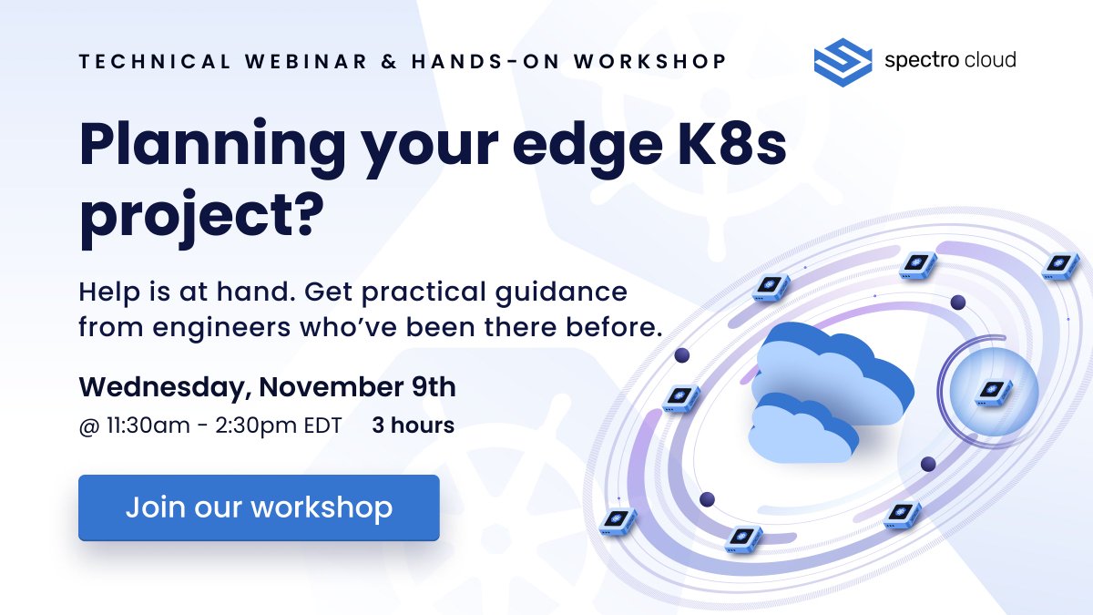 spectrocloudinc's tweet photo. We hear you, edge Kubernetes can be complex. But we have good news: help is at hand. We've prepared a hands-on (and free!) workshop for you to say goodbye to any struggles around deploying, managing and securing K8s clusters at the edge.  Register here: https://t.co/wiCMjm7LCD https://t.co/mZqtIe8A87