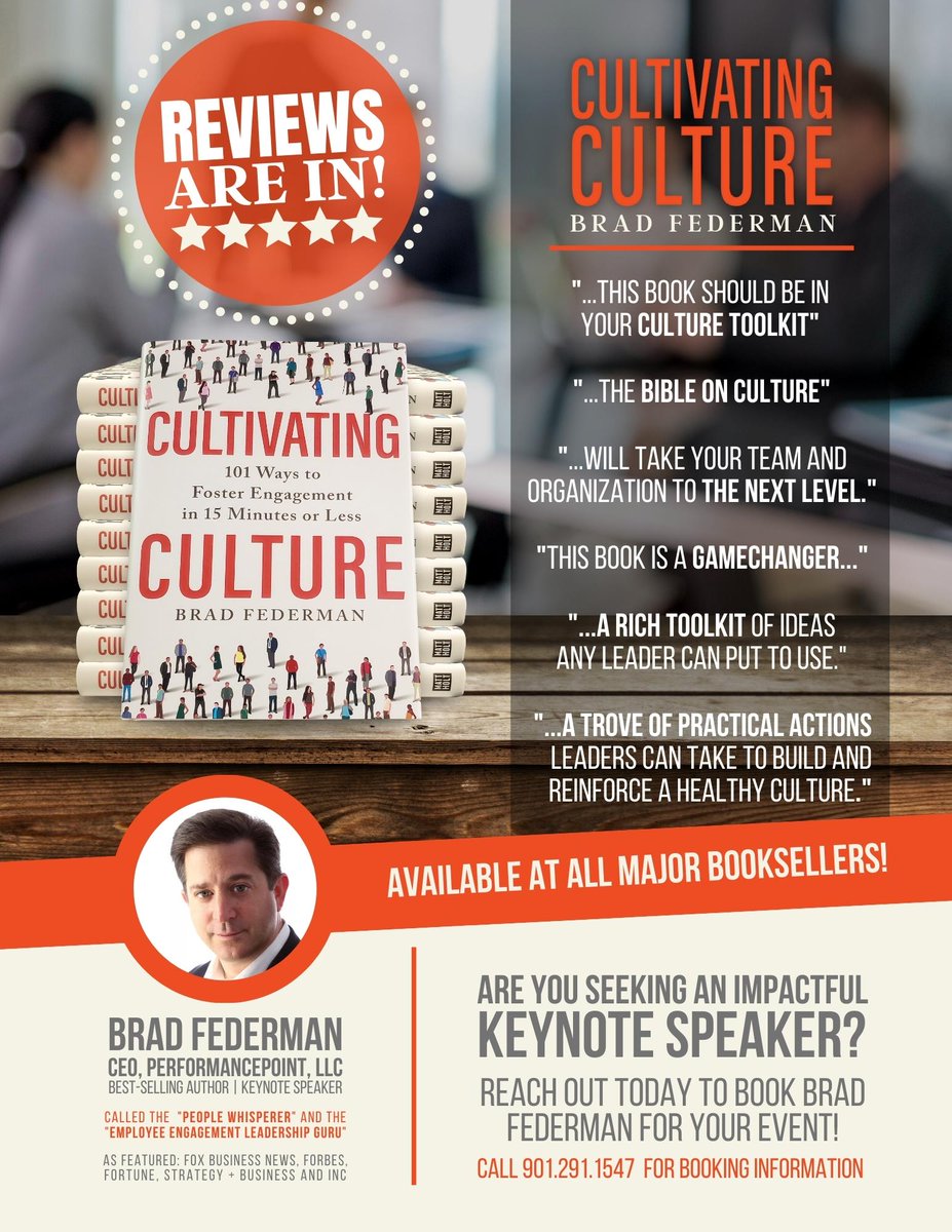 𝗧𝗛𝗘 𝗥𝗘𝗩𝗜𝗘𝗪𝗦 𝗔𝗥𝗘 𝗜𝗡!!! 

Get your copy of Cultivating Culture by Brad Federman, TODAY and transform your workplace culture!

𝗔𝘃𝗮𝗶𝗹𝗮𝗯𝗹𝗲 𝗮𝘁 𝗮𝗹𝗹 𝗺𝗮𝗷𝗼𝗿 𝗯𝗼𝗼𝗸𝘀𝘁𝗼𝗿𝗲𝘀!

#CultivatingCulture #Culture #Book #EmployeeEngagement #LiveYourPossible