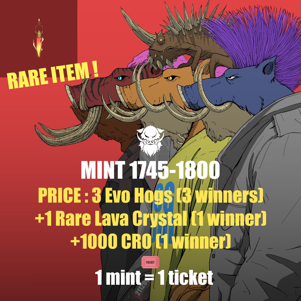 zap7project's tweet photo. 🚨🚨HUGE MINT RAFFLE!🚨🚨
Mint some hogs and try your luck 🍀
🏆Prize: 3 hogs + Rare Item
+ 1000CRO!
Enter: Mint Evo Hogs between 1745-1800 (1 mint = 1 ticket)
https://t.co/a7DZY5NF8T
The winners will announced in our discord ⏰
2X150CRO ❤️,🔁 & tag 3 friends, 72hr https://t.co/kVeFjiBmiB