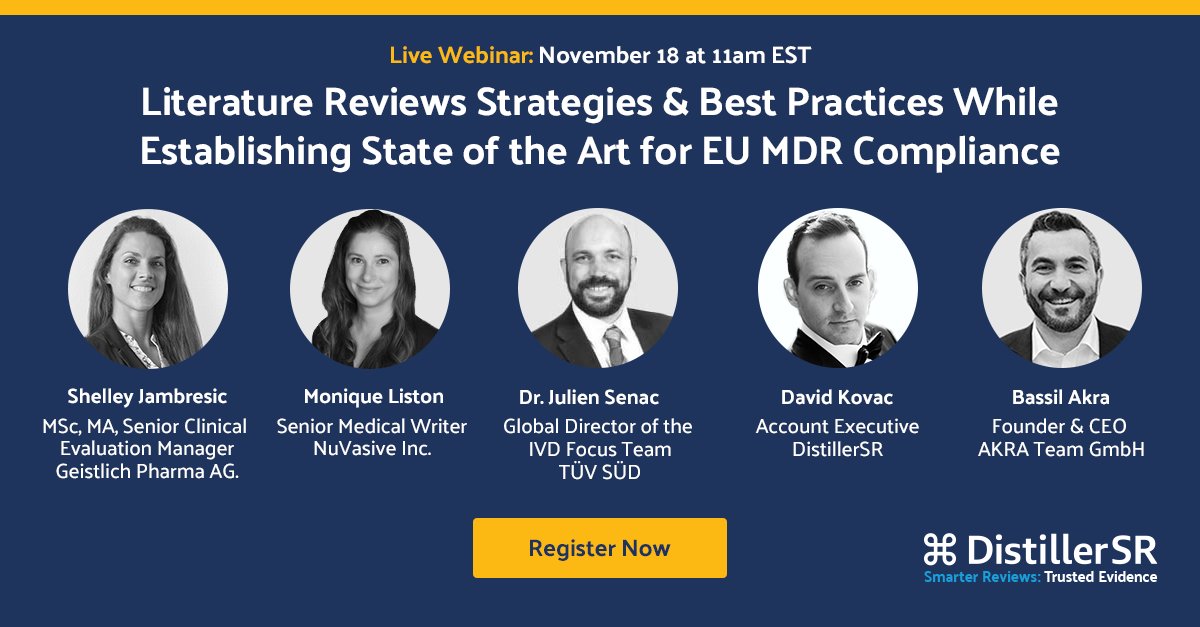 Join us November 18 at 11 am ET for a live webinar featuring #DistillerSR customers from Geistlich Pharma and NuVasive moderated by Dr. Bassil Akra. They will reflect on the challenges and opportunities for state of the art (SOTA) #LitReviews Register now: hubs.ly/Q01rgw470
