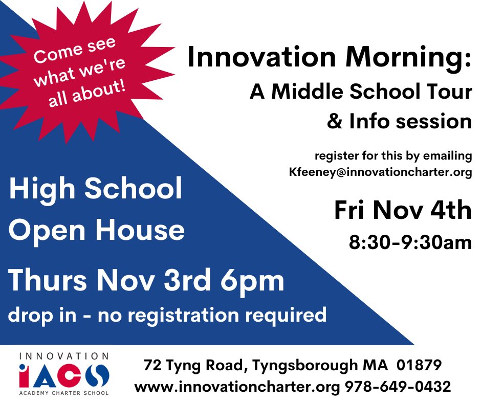 IAcharterschool's tweet photo. Come visit Innovation Academy this week.  Thursday 11/3 we'll have a High School Open House at 6pm. On Friday morning 11/4 from 8:30-9:30am, folks can learn about &amp; tour our Middle School. (register for MS tour by emailing kfeeney@innovationcharter.org) See you soon!

@Twitter https://t.co/rws352H6RM