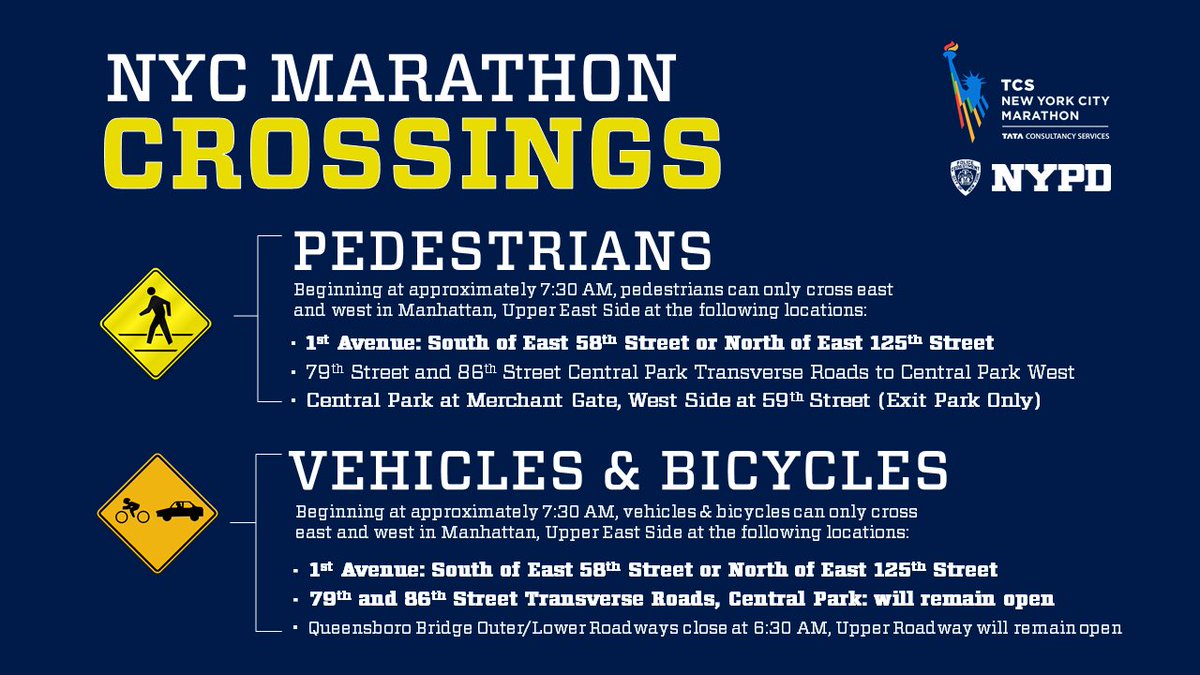 ⚠️ MARATHON ADVISORY:
Reminder this Sunday, November 6th is the NYC Marathon! Please make arrangements now to prepare:

Beginning at approx. 7:30am Sunday, pedestrians, vehicles &amp; bicycles may NOT cross 1st Avenue from East 58th to East 125th Street, until marathon completion.