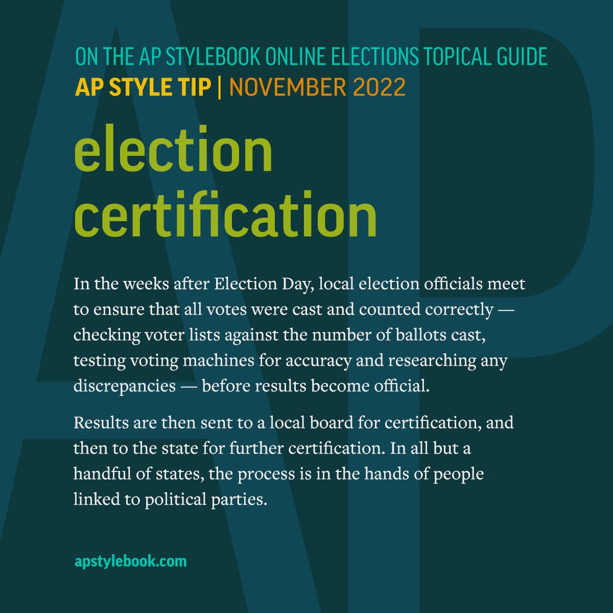 For generations, the election certification process drew little public attention, but in recent years some boards have balked at certifying the results, citing unsubstantiated claims of fraud or other wrongdoing. Our AP Stylebook Online Topical Guide: apne.ws/6BXMlm5