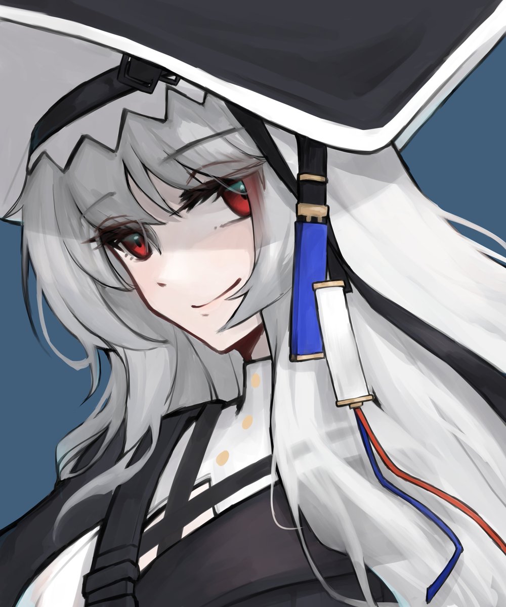 specter (arknights) 1girl solo red eyes smile long hair blue background black headwear  illustration images