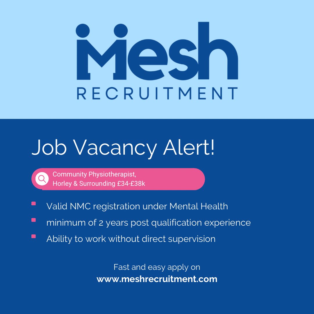 I am currently looking for a #physiotherapist  to join my clients team as a 'Community Physiotherapist' in the Horley (Surrey).
Ideally for 4 days a week - 30 hrs.

Please get in touch
info@meshrecruitment.co.uk 

#communityphysio #physiotherapist #physiotherapy #surreyjobs