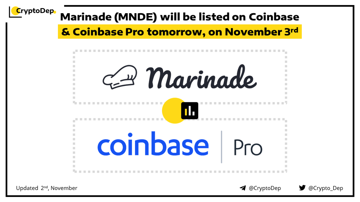 ⚡️ @MarinadeFinance $MNDE will be listed on @Coinbase & @CoinbaseExch tomorrow, on November 3rd #Marinade $MNDE and Marinade Staked SOL $MSOL tokens will be available on #Coinbase & #CoinbasePro on November 3rd, on or after 16:00 UTC. 👉twitter.com/CoinbaseAssets…