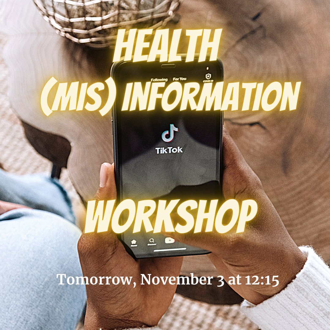 UMLibraries's tweet image. Watching TikTok videos is a great past time but do you get health advice from your videos? Learning what is true on the Internet regarding your health is critical. Come by classroom 106D to learn the facts with Melissa Dennis! #libraryevents #umlibraries