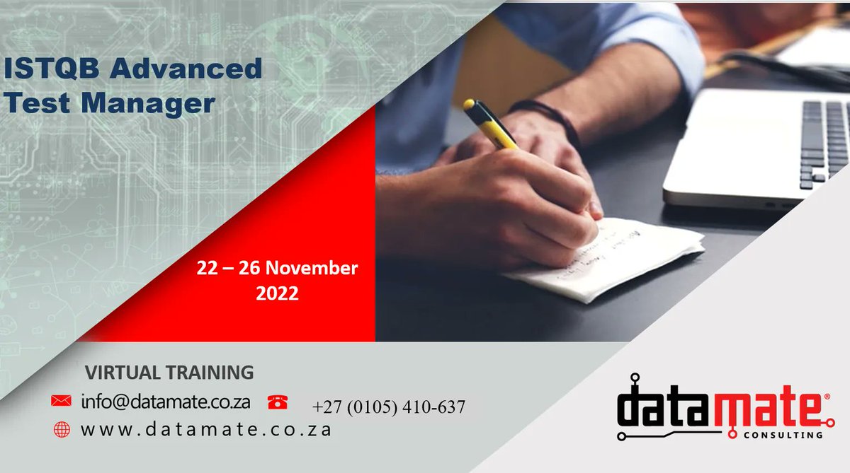 datamatesa's tweet photo. The ISTQB Advanced Test Manager course caters for testers wanting to further their career in a management or a lead role. 
For more: 
Visit Now:https://t.co/lLXrMZYfVV
CALL:+27 (0105) 410-637
#testing #management https://t.co/sQs0dJRA7c