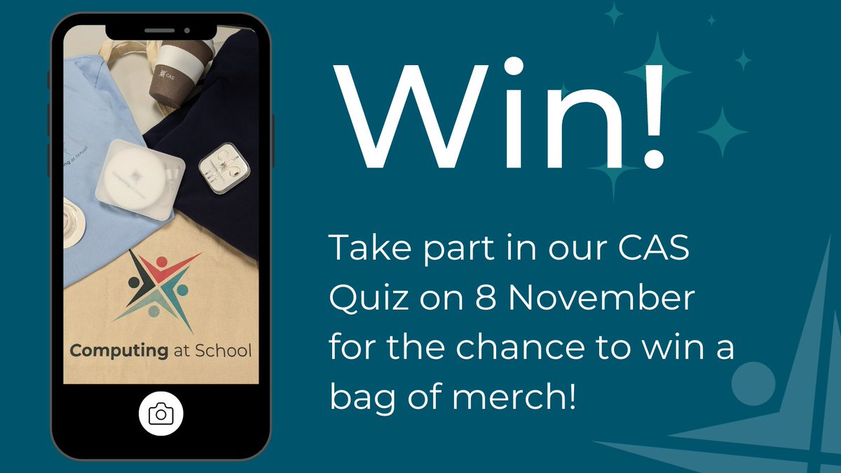 A sneak peek of the CAS merch you could win! To enter:
✨Download our CAS infographic: computingatschool.org.uk/about-us
✨Study it well... this is where our questions will be coming from 🤓
✨ Join our CASChat on 8th Nov and take part in the quiz by posting your answers
✨Stay tuned!