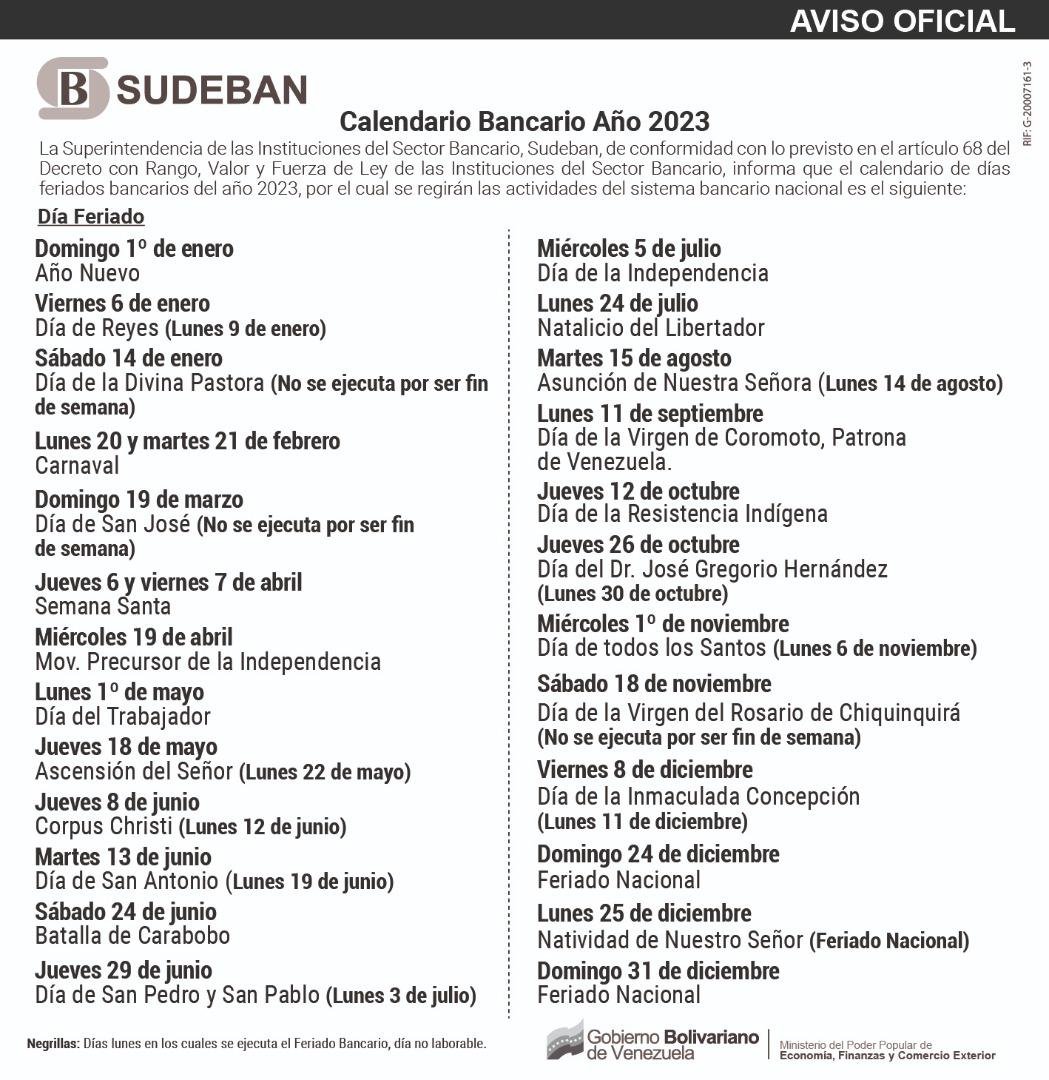 TOMA NOTA ✍️🇻🇪
Sudeban pone a la disposición de toda la ciudadanía, el calendario bancario del año 2023.
Via: <a href="/SudebanInforma/">SudebanInforma</a> 
 #VenezuelaYColombiaJuntas