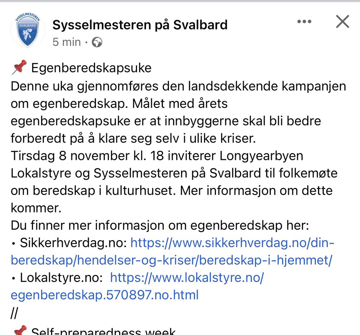 Strømmen gikk nettopp i hele Longyearbyen og Sysselmesteren poster om egenberedskap i noe som ser ut som et forhåndplanlagt facebookinnlegg. Perfekt timing.