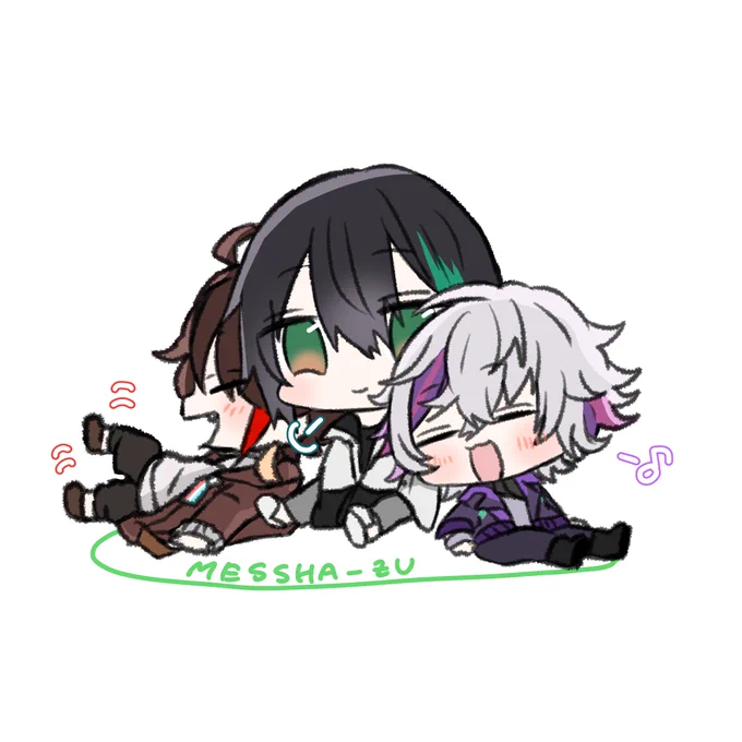 まゆゆによっかかって溶けるふわっちとあきな#メッシャーズ #灰画 #さ絵ぐさ #絵スコート 