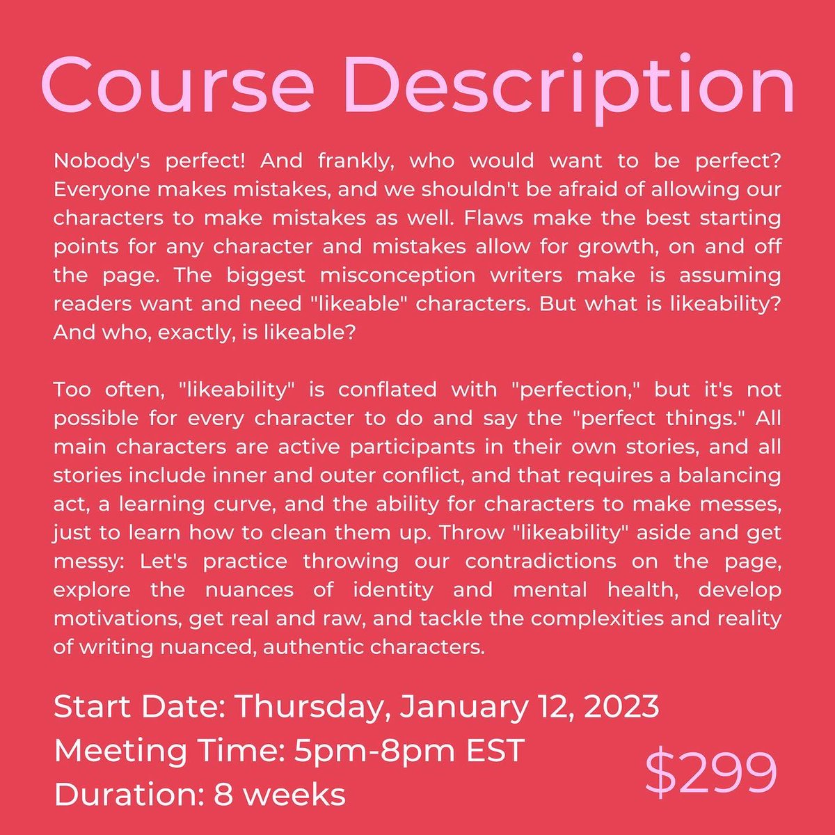 QueerativeWrite's tweet photo. Sign up today for DON’T BE AFRAID TO MAKE A MESS: Writing Naunced, Authentic, and Messy Characters!

Our 8 week workshop course starts January 12th! 

https://t.co/HQwR6gHJ1n https://t.co/YY5jH7Kuq1