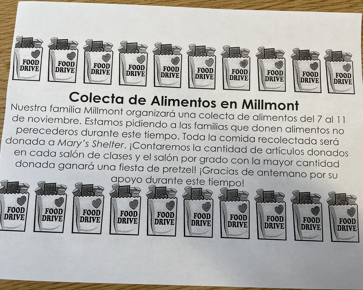 MillmontSchool's tweet photo. Next Monday starts our food drive here at Millmont!  If you would like to donate please send in your donation with your child/children any day next week. https://t.co/q7mUM042ku