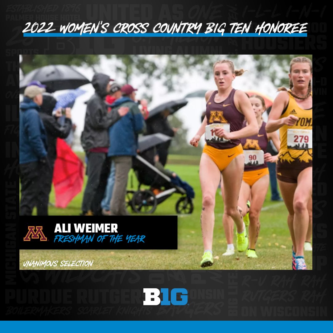 bigten's tweet photo. Congrats to @GopherCCTF’s Ali Weimer, the Women's #B1GXC 𝗙𝗿𝗲𝘀𝗵𝗺𝗮𝗻 𝗼𝗳 𝘁𝗵𝗲 𝗬𝗲𝗮𝗿! https://t.co/iDO8REiREV https://t.co/DivZAZaJx5