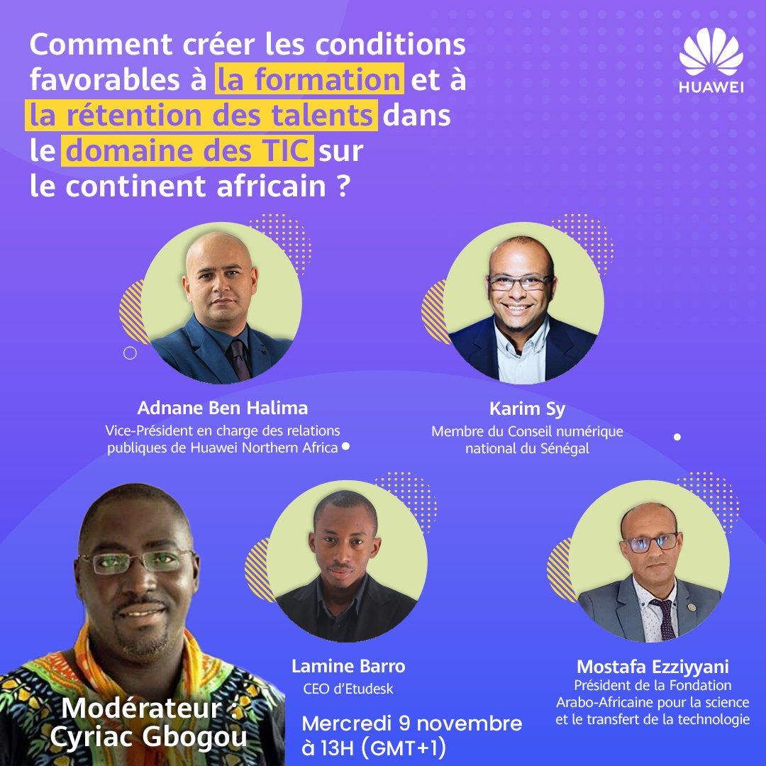 Coup d'envoi de 1ère édition du Twitter Space de #HuaweiNA 🗣️📣
RDV le 9/11 à 13H (GMT+1) sur <a href="/HuaweiNA/">Huawei Northern Africa</a> avec les intervenants qui nous partageront leurs visions sur la formation des talents #TIC en Afrique.
<a href="/ksyDaily/">Karim  SY</a> <a href="/cyriacgbogou/">Cyriac G. Gbogou (Cyryky)</a> <a href="/LamBarro/">Lamine BARRO</a> <a href="/MEzziyyani/">Mostafa Ezziyyani</a> <a href="/AdnaneBH/">Adnane</a> 
#SpaceHNA