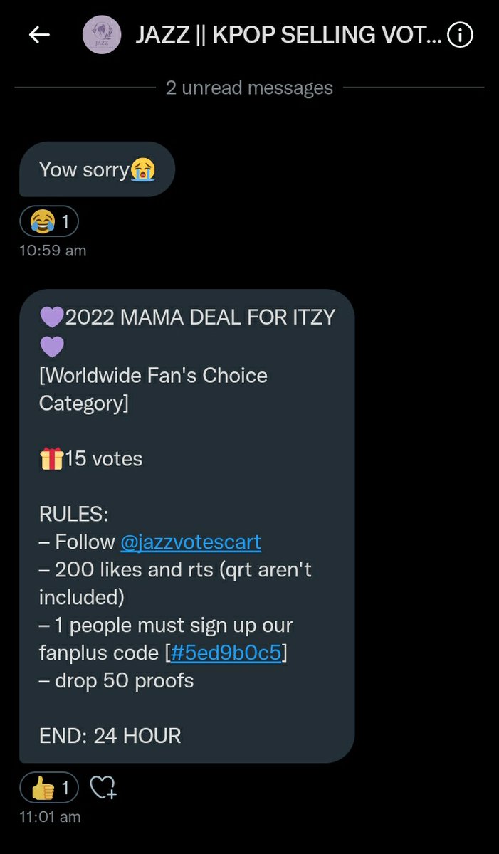 💜2022 MAMA DEAL FOR ITZY💜
[Worldwide Fan's Choice Category]

🎁15 votes

RULES: 
– Follow <a href="/jazzvotescart/">SELLING KPOP VOTES</a> 
– 200 likes and rts (qrt aren't included)
– 1 people must sign up our fanplus code [#5ed9b0c5] 
– drop 50 proofs

END: 24 HOUR