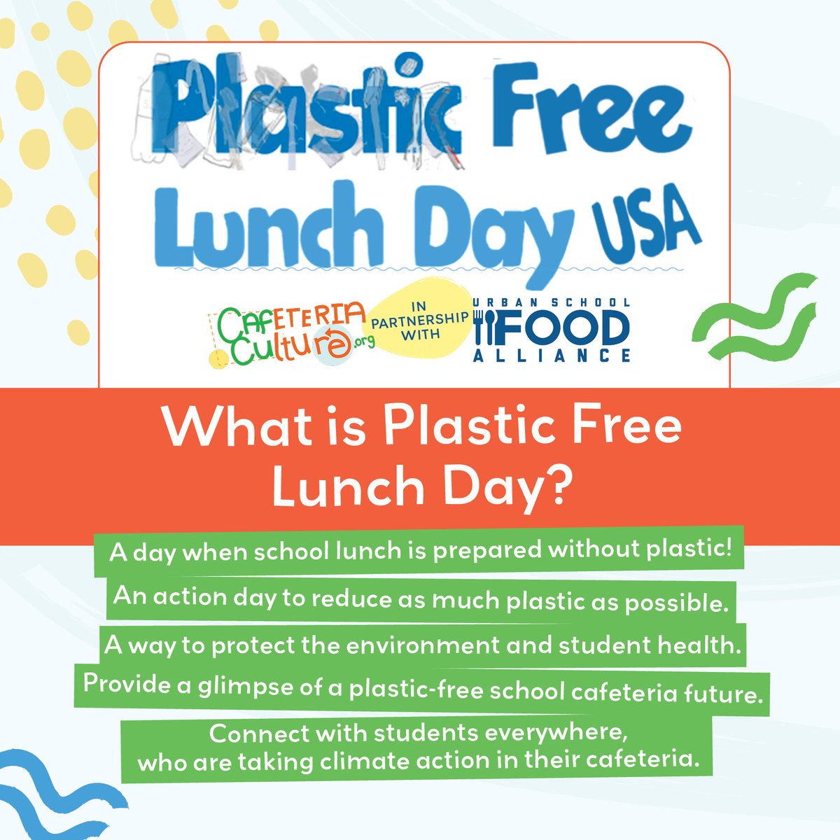 Today, Nov 2nd, we are joining school cafeterias across the US to eliminate or reduce single-use plastic food ware. Will you join us to protect student health and the environment? One #plasticfree day leads to another! #plasticfreelunch #cafcu #USFA cc: @NYCSchools