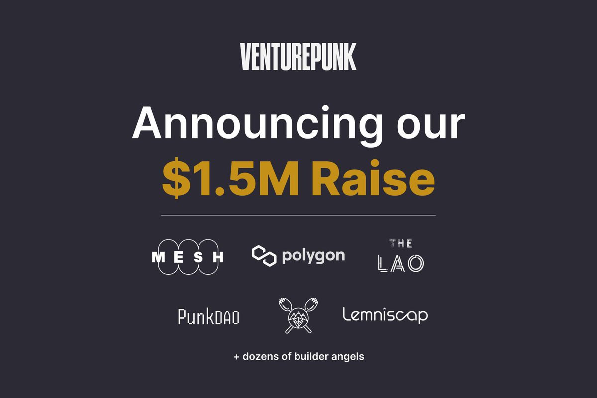 JordanLyall's tweet photo. 📢Today @venture_punk announces $1.5M pre-seed to expand the possibilities of web3.

Investors include @ConsenSysMesh @0xPolygon @ThePunkDao @TheLAOOfficial @BufficornV @Lemniscap + dozens of angels including @ArtOnBlockchain @dfinzer @bobbyong 

➡️ https://t.co/IZI72JqaCO

🧵⤵️ https://t.co/tkyA5kdOZB