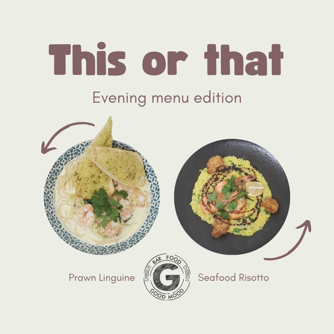 This or That...
Evening menu edition! 

Prawn Linguine 🍤 or Seafood Risotto 🍚?

Tell us in the comments!

#BarFoodGoodMood #Gorleston #Norfolk #NorfolkFood #Gambassadors #TrendSettersNotFollowers #GreatYarmouth #Gambas #Food