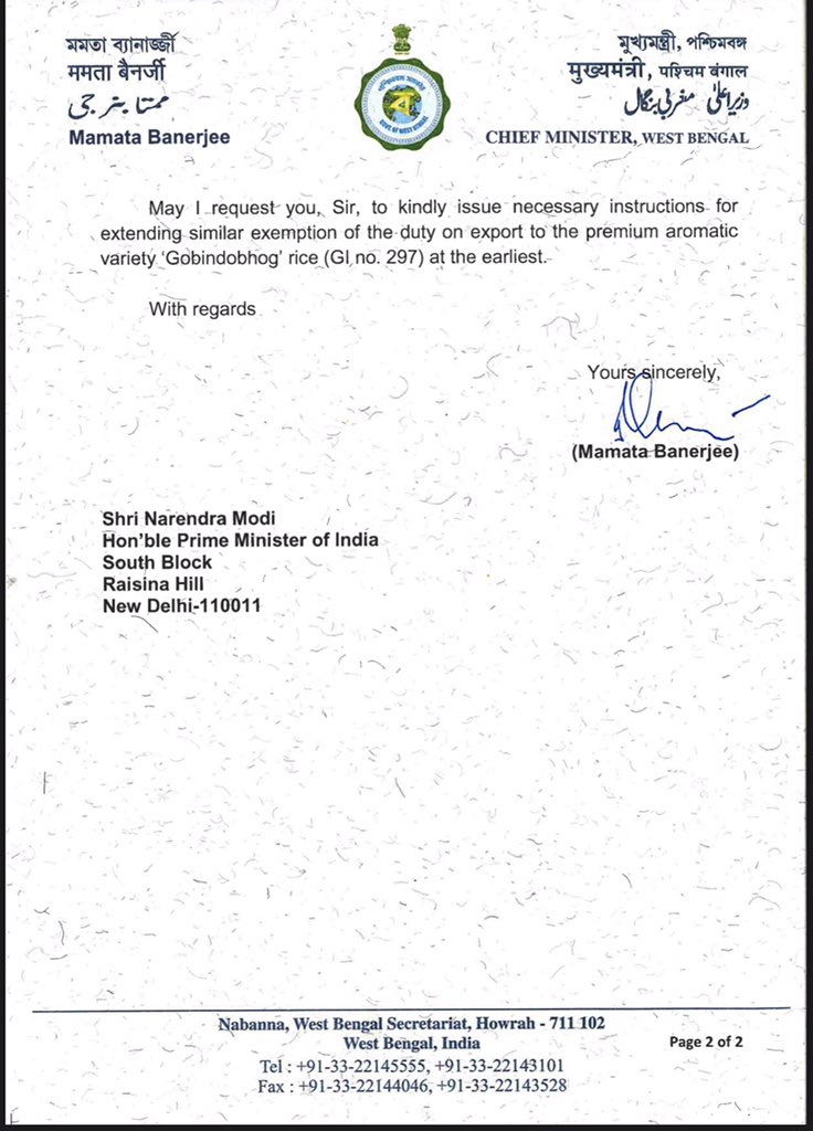 Tamal0401's tweet photo. #MamataBanerjee has written to #PMModi lamenting GOI decision to impose 20% customs duty on #Bengal’s home grown exquisite GI tag holding ‘Gobindobhog’ rice impacting export business &amp; farmers. She also highlighted Basmati rice has however been exempted from similar customs duty. https://t.co/RveUaU4Tm6