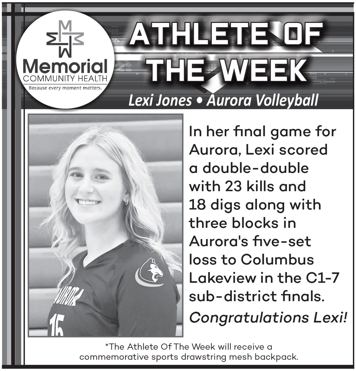 ANR Sports (@sportsanr) on Twitter photo Our MCHI AOTW goes to Lexi Jones (<a href="/llexiijjoness/">Lexi Jones</a>) for her incredible performance in her final game for Aurora -- a five-set loss to Columbus Lakeview last week with 23 kills and 18 digs. Congrats, Lexi! #nebpreps Our MCHI AOTW goes to Lexi Jones (<a href="/llexiijjoness/">Lexi Jones</a>) for her incredible performance in her final game for Aurora -- a five-set loss to Columbus Lakeview last week with 23 kills and 18 digs. Congrats, Lexi! #nebpreps
