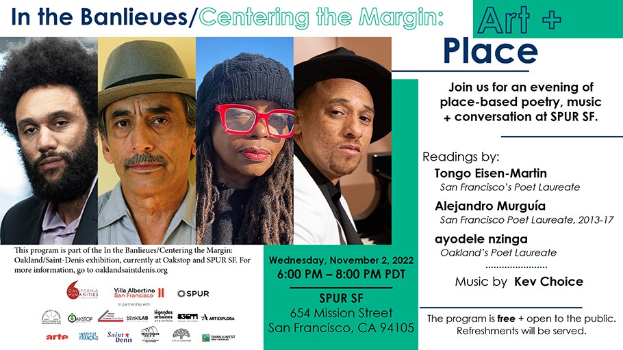 📣 LAST CALL - Sign up now for TONIGHT's special program “In the Banlieues/Centering the Margin: Art + Place”! Linger along the walls of the exhibition, accompanied by poetry &amp;music from Bay Area creatives
🔗RSVP here: spur.org/events/2022-11…
11/2  from 6-8pm 
 #OaklandSaintDenis