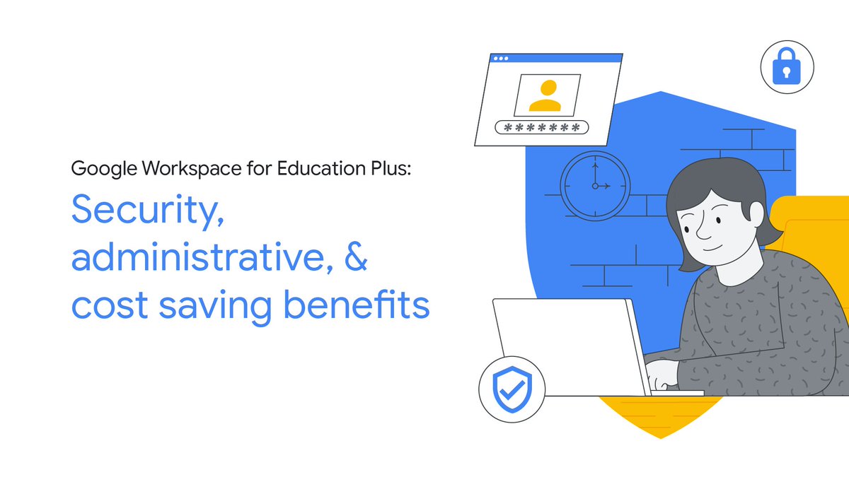 GoogleForEdu's tweet photo. Explore the security, administrative &amp; cost saving benefits associated with #GoogleWorkspaceEdu Plus, including:
⬇️95% reduction in phishing incidents
🕒98% less time addressing phishing attacks
✅300 hrs saved annually on administrative tasks

Learn more https://t.co/SdK7G6bQb0 https://t.co/2td1DSK4Ta