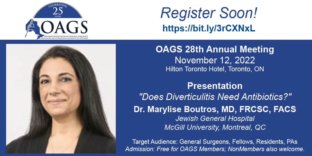 OAGS (@oags1) on Twitter photo Attn. ON General Surgeons, Fellows, Residents and PAs - Join us in Toronto Nov.12 OAGS 28th Annual Mtg ft. <a href="/BoutrosMarylise/">Marylise Boutros</a> <a href="/mcgillGenSx/">McGill Division of General Surgery</a> <a href="/McGColorectal/">McGill Colorectal</a> re. #diverticulitis #colorectalsurgery. Register: bit.ly/3rCXNxL #OAGS2022 #gensurg #MedEd Attn. ON General Surgeons, Fellows, Residents and PAs - Join us in Toronto Nov.12 OAGS 28th Annual Mtg ft. <a href="/BoutrosMarylise/">Marylise Boutros</a> <a href="/mcgillGenSx/">McGill Division of General Surgery</a> <a href="/McGColorectal/">McGill Colorectal</a> re. #diverticulitis #colorectalsurgery. Register: bit.ly/3rCXNxL #OAGS2022 #gensurg #MedEd