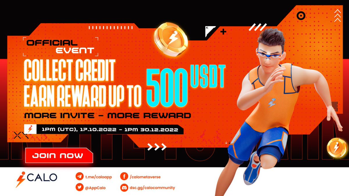 jade_labs's tweet photo. 🔥COLLECT CREDIT POINT - EARN REWARD UP TO 500 USDT💸
Let's invite your Running Friend Club to Calo Run to do exercise and win incredible rewards from Calo Team

⏰Duration time: 1PM UTC 1.11.2022 - 1PM 30.12.2022

🌀MORE INVITE -  MORE REWARD💸

#CaloRun #Move2Earn #Invite2Earn https://t.co/vTbCExdTqI