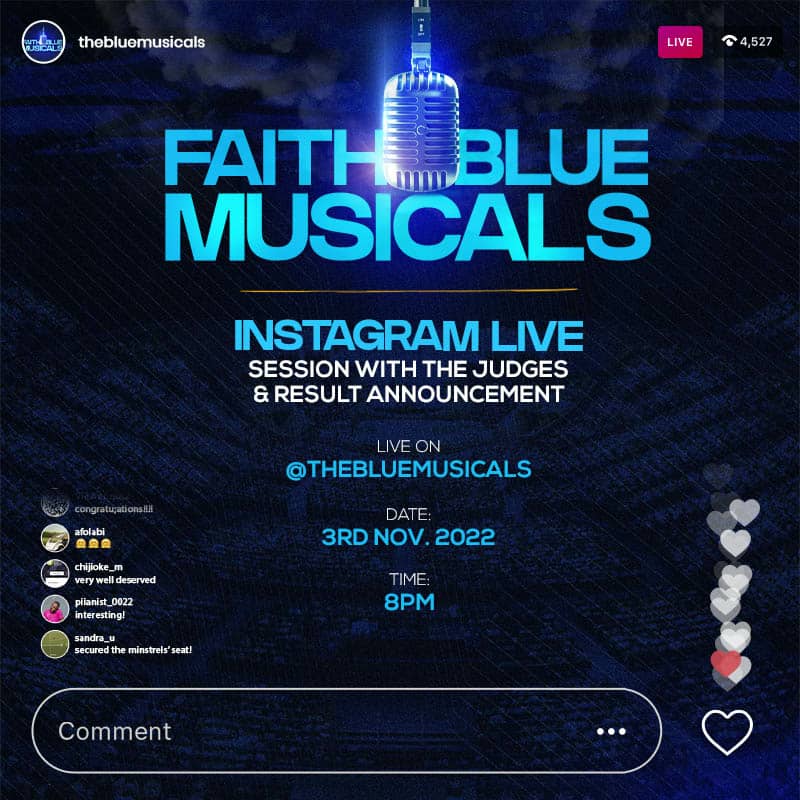 ... the results are out!

The first shortlist out of over 148 entries on various SM platforms to participate in the next stage

Join our panel of Judges as they unravel details and announce the winners from submissions within the time-frame

#TakingCharge #FaithBlueMusicals