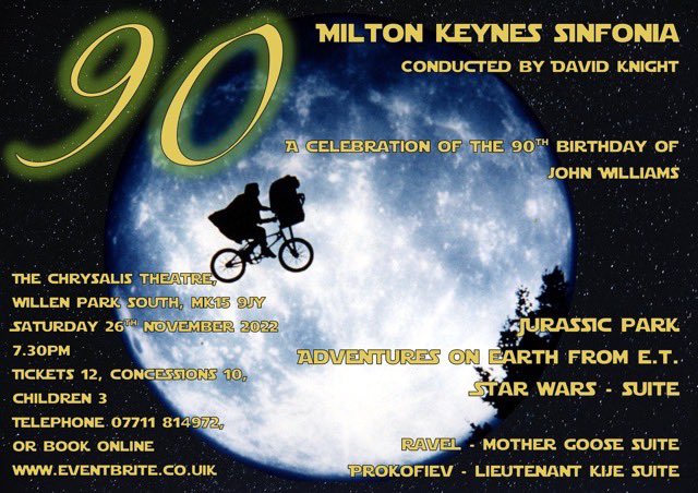 Looking forward to playing in the next  MK Sinfonia concert performing film music by John Williams: Star Wars, Jurassic Park and ET. 26 Nov, Chrysalis Theatre. Tickets at eventbrite.co.uk/e/milton-keyne…