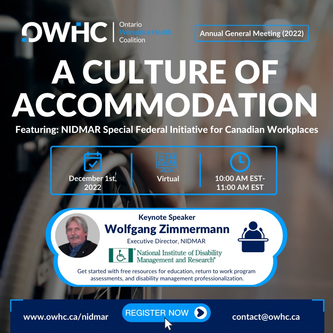 💡Did you know disability management is a part of the pillars of the #OWHC Healthy Workplace Model?

Join us on December 1st, 2022 at 10:00 am EST 🗓 for virtual session dedicated to the integration between #healthpromotion and #disabilitymanagement.

Link in bio to register 🎟