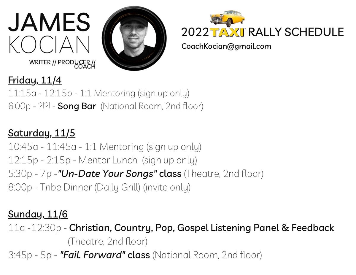 Headed out to LA today for the <a href="/TAXIMusic/">TAXI Independent A&R</a> 2023 #Roadrally. Really honored to be a small part of <a href="/MichaelLaskow/">MichaelLaskow</a>’s big community!
Attached is my mentoring and teaching schedule. Hope to see you there.