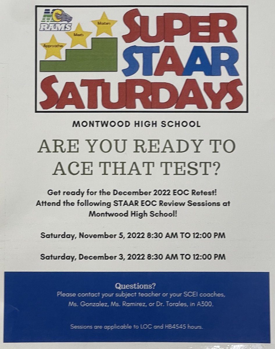 Dr. Marianne Torales_MHS (@mtorales01) on Twitter photo Let’s get ready for the December Retest! Join us for STAAR EOC content and test prep strategies <a href="/MontwoodHS/">David Herrera</a> #excellence <a href="/MrsRamirez_MHS/">Andrea Ramirez</a> <a href="/AGonzalez_MHS/">Coach Annette Gonzalez</a> Let’s get ready for the December Retest! Join us for STAAR EOC content and test prep strategies <a href="/MontwoodHS/">David Herrera</a> #excellence <a href="/MrsRamirez_MHS/">Andrea Ramirez</a> <a href="/AGonzalez_MHS/">Coach Annette Gonzalez</a>