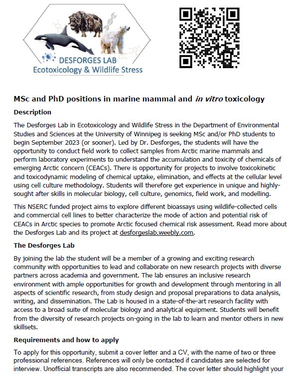 I'm looking for MSc and/or PhD students to join my lab to study #Arctic marine mammals, in vitro toxicology, and TKTD modeling. NSERC funded projects based at <a href="/uwinnipeg/">UWinnipeg</a>. Starts between Jan and Sept 2023. Interested candidates see the ad for details: desforgeslab.weebly.com/contact.html