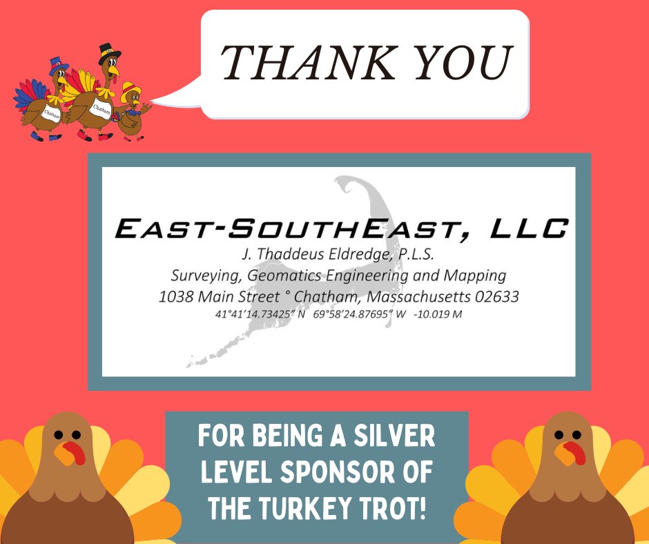 Thank you so much to East-SouthEast, LLC for being Silver Level Sponsors of the Chatham Turkey Trot! 🥈

East-SouthEast, LLC is a land surveying, civil engineering,providing quality professional land surveying, civil engineering, and mapping services
 ese-llc.com