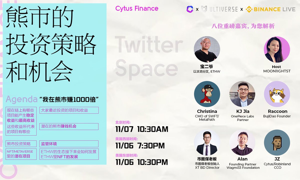 The bear market is both a challenge and an opportunity. 🐻
 
Cytus is inviting professionals in the cryptocurrency world to bring you a glimpse of bear market investment opportunities.

See you at our first major event on 11/6 at 7:30PM PDT 10:30PM EST!
x.com/i/spaces/1YpJk…