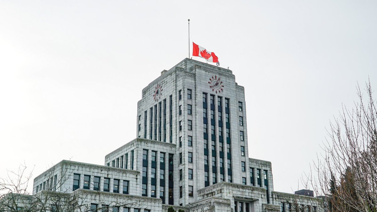 The Canadian flag on the top of Vancouver City Hall will be flown at half-mast today to mark the day of the funeral service for RCMP Constable Shaelyn Yang, who died on duty.