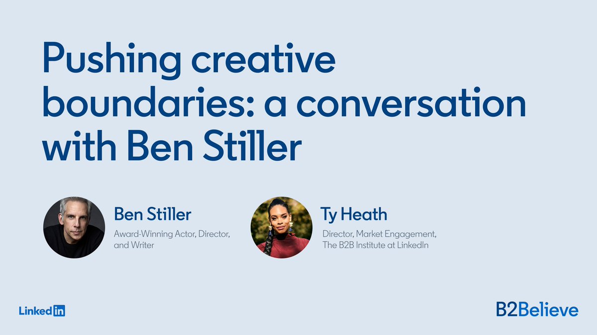 You won’t want to miss Pushing Creative Boundaries: A Conversation with @BenStiller, part two of a three-part LinkedIn Live broadcast at #B2Believe, with @tyrona, Director, Market Engagement, @b2binstitute. Register below ⬇️ linkedin.com/video/event/ur…