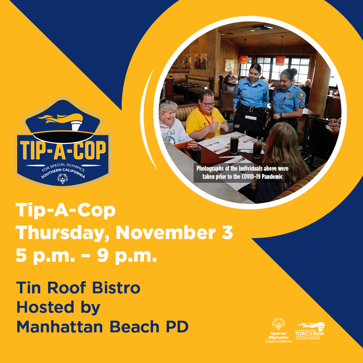 We hope to see you at Thursday's Tip-A-Cop!! We'll be at Tin Roof Bistro with @manhattanbchpd. 👮‍♀️🍝🥗 Learn More: sosc.org/events/?cgid=1… #LETR4SOSC #TipACop #ManhattanBeach