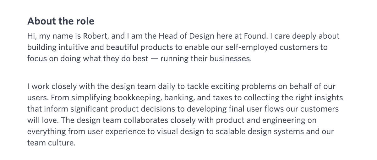 I love when hiring managers introduce themselves in the job description! Knowing who you'll be working with is almost as important as knowing what you'll be doing. 

More personal JD helps startups to stand out. 

Would be even better with a link to Robert's Twitter or LinkedIn