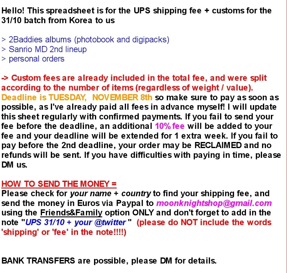MoonKnightGOs's tweet photo. #moonknightupdates
re: split UPS + custom fees 31/10 batch from Korea
> 2 Baddies albums + digipacks
> personal orders

💙 Please read ALL the info in the sheet carefully
💚 Open the link to find your name + fee
💙 Deadline = Nov 8th

➡️ LINK: https://t.co/7jioYIEyVK https://t.co/6ZfjJLHuYv