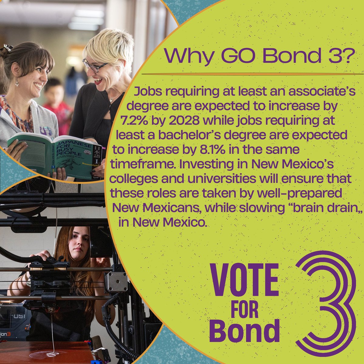 Economists estimate that by 2031, only 30% of jobs will be available to workers without a college degree. It's up to us to make sure well-prepared New Mexicans can feel those roles. Visit our website below for more information. 🔗 bondcfornm.com #BondCForNM