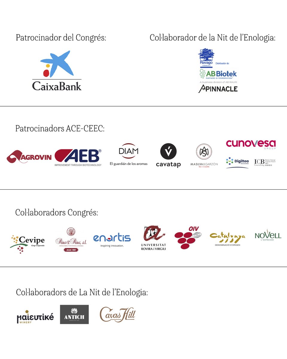 enolegs's tweet photo. Tenim el plaer d'anunciar els patrocinadors i col·laboradors d'aquest any del Congrés Internacional ACE de l'Enologia i del Cava i també de la Nit de l'Enologia 2022. https://t.co/NRJ0NaT3di