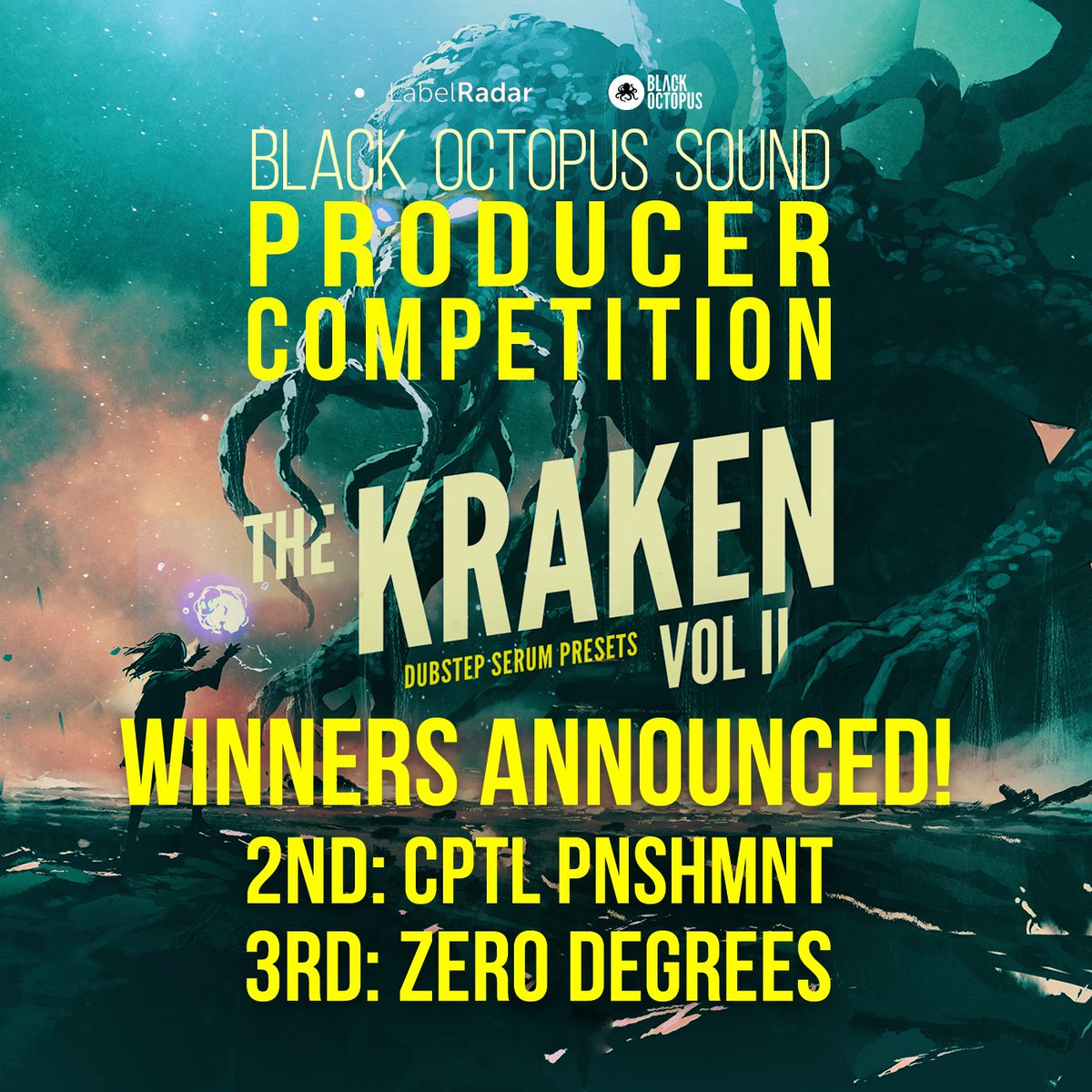 The results are IN! Congrats to the winners of 'The Kraken Vol 2’ Producer Comp on <a href="/LabelRadar/">LabelRadar</a> 🏆 <a href="/DjexExxo/">EXXO</a> + 2nd and 3rd place, <a href="/CPTL_PNSHMNT/">CPTL PNSHMNT</a>, and Zero Degrees! We were blown out of the water with these 🥵 Huge thank you to everyone who entered &amp; made this comp possible 🖤🐙